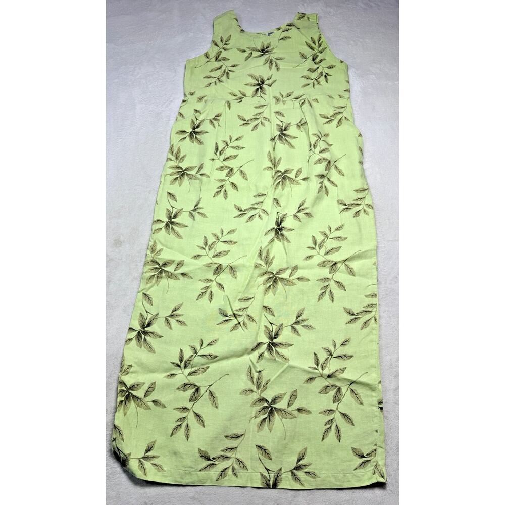 Vintage Russ Berens Malibu Linen Maxi Dress M Lime Green Leaf Print Made in USA
